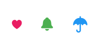 The following code snippet would generate a row of icons consisting of a pink heart, a green bell, and a blue umbrella, each progressively bigger than the last.
