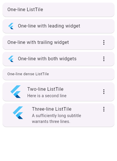 Different variations of ListTile
