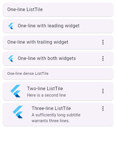 Different variations of ListTile