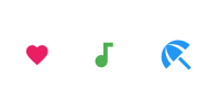 The following code snippet would generate a row of icons consisting of a pink heart, a green musical note, and a blue umbrella, each progressively bigger than the last.